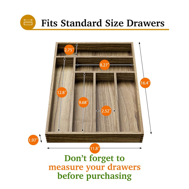 Kiasthome Acacia Wood Silverware Drawer Organizer, Kitchen Utensil Cutlery Drawer Organizer with Dividers, Flatware Organizer, Silverware Tray Holder for Spoons, Forks, 11.8''x16.5'' (6 Slots) - Image 2
