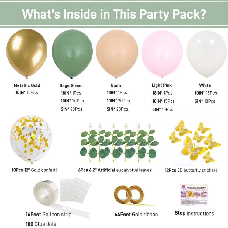 Haptda Sage Green Pink Balloon Arch Kit 153Pcs Light Pink Olive Green Blush White Gold Latex Confetti Balloons Garland Artificial Eucalyptus 3D Butterfly for Baby Shower Birthday Party Decorations - Image 3