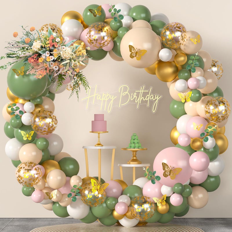 Haptda Sage Green Pink Balloon Arch Kit 153Pcs Light Pink Olive Green Blush White Gold Latex Confetti Balloons Garland Artificial Eucalyptus 3D Butterfly for Baby Shower Birthday Party Decorations - Image 1