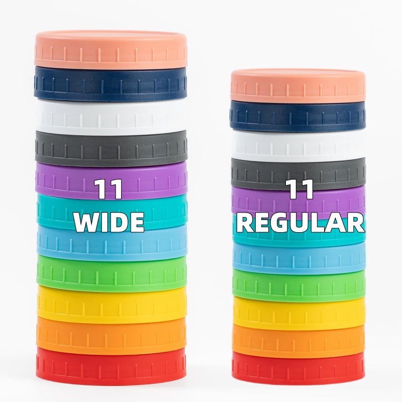 Bedgeta 22 Pack Plastic Mason Jar Lids, 11 Wide Mouth & 11 Regular Mouth Mason Jar Lids with Silicone Rings,Thickened Leak-proof Lids Fit Ball,Kerr and More, 86mm & 70mm Mason Jar Lids(Multicolored) - Image 1