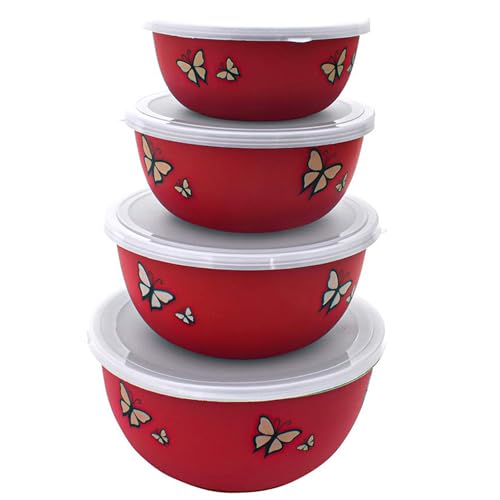 Zaib Stainless Steel Microwave Safe Euro Mixing Bowl Set with Lid | 500ml, 750ml, 1250ml, 2000ml | Stackable Kitchen Storage & Serving Bowls (Red Butterfly 4) - Image 1