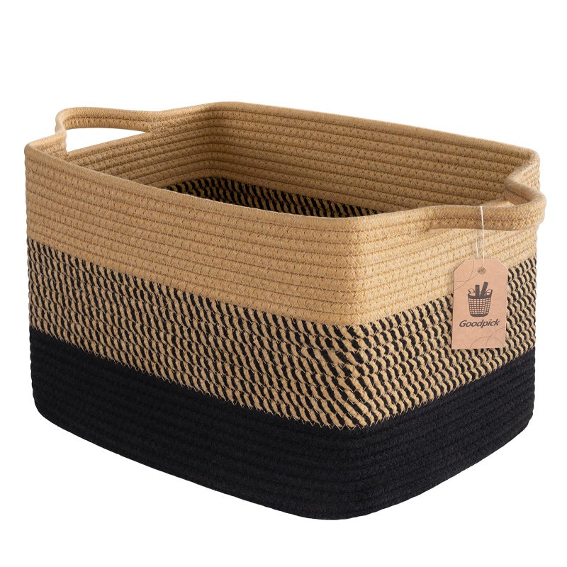 Goodpick Woven Storage Baskets for Organizing, Cotton Rope Organizer for Living Room Bedroom, 13"x10"x9" Rectangle Dog Toy Basket with Handles, Stylish Gift Baskets Empty, Black & Jute