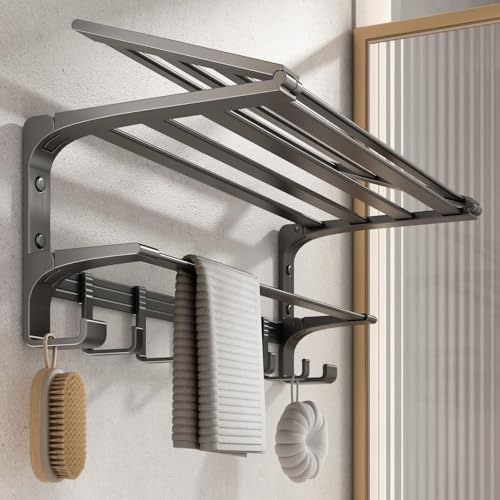 VOLPONE 24 Inch Towel Rack with Towel Bar Holder Foldable Large Towel Shelf with Movable Hooks Rustproof Widened Towel Storage Rack Wall Mount for Bathroom Lavatory Matte Grey - Image 1