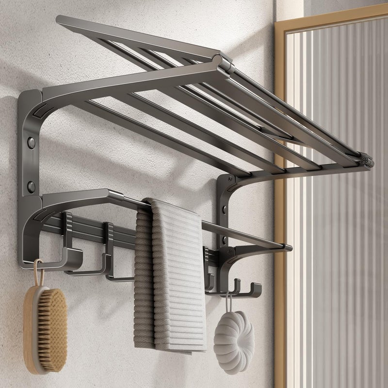 VOLPONE 24 Inch Towel Rack with Towel Bar Holder Foldable Large Towel Shelf with Movable Hooks Rustproof Widened Towel Storage Rack Wall Mount for Bathroom Lavatory Matte Grey - Image 2