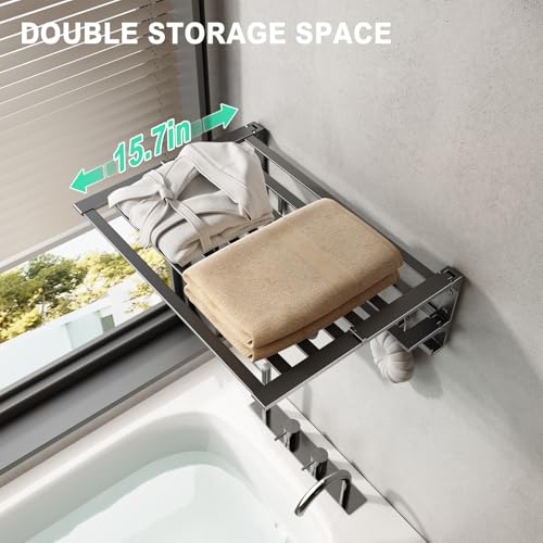 VOLPONE 24 Inch Towel Rack with Towel Bar Holder Foldable Large Towel Shelf with Movable Hooks Rustproof Widened Towel Storage Rack Wall Mount for Bathroom Lavatory Matte Grey - Image 3
