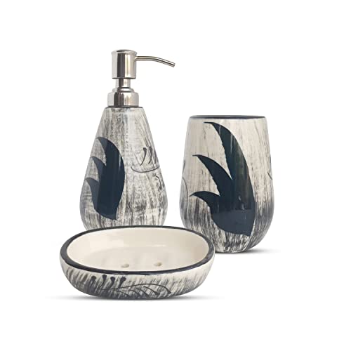 Kaolinite Ceramic Bathroom Accessories Set for Utility and Bathroom Decor | Liquid Soap Dispenser, soap Tray, Toothbrush Holder Hand Crafted/Haad Painted Classy Black - Image 1