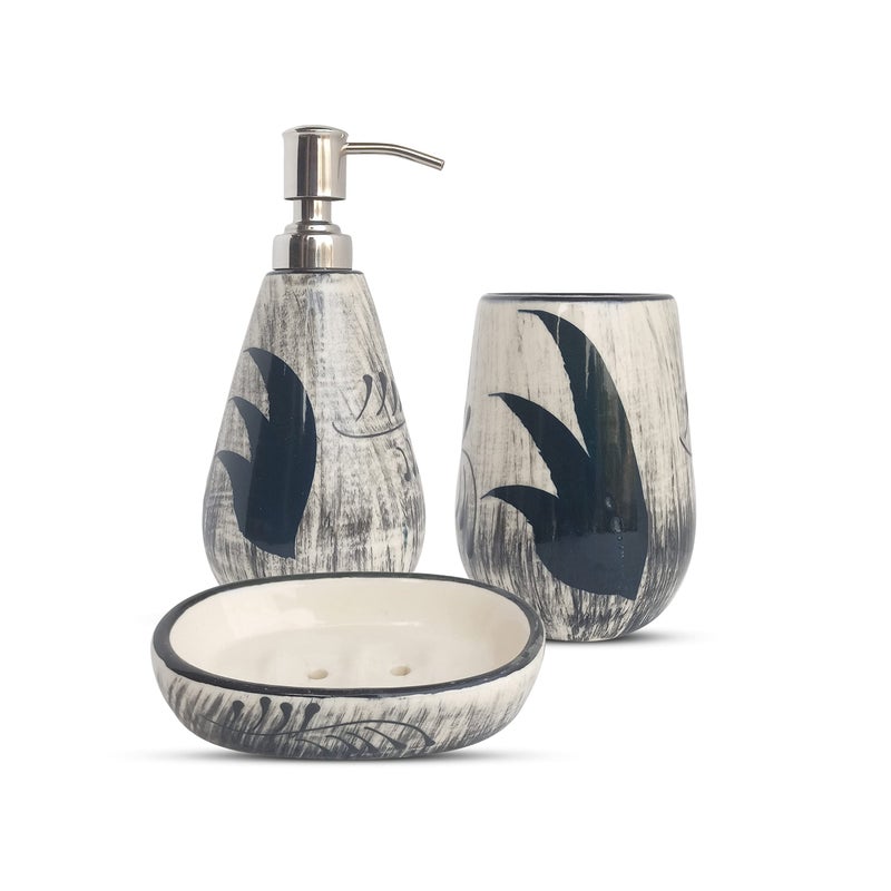 Kaolinite Ceramic Bathroom Accessories Set for Utility and Bathroom Decor | Liquid Soap Dispenser, soap Tray, Toothbrush Holder Hand Crafted/Haad Painted Classy Black - Image 5