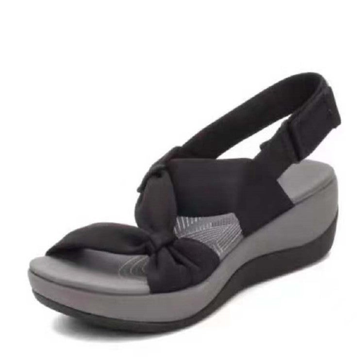 2021 Summer New PU Womens Casual Peep Toe Bow Wedge Sandals Black