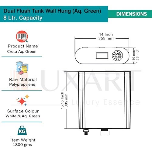 LUXART 8 LTR Dual Flush Tank – Aqua Green Polypropylene Tank For Toilet Slim Wall mounted Cistern Top Push Button Flushing Tank with Air Freshener, Complete Set - 35.5L x 11W x 38.5H CM - Image 3