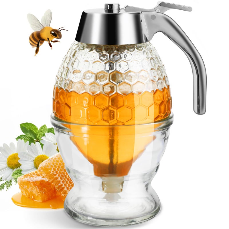 Timtopno Honey Dispenser Glass Honey Dispenser No Drip Honey Pot with Stand 8 oz Honey Jar Maple Syrup Honey Container Elegant Honeycomb Design for Home Decor for Any Occasion
