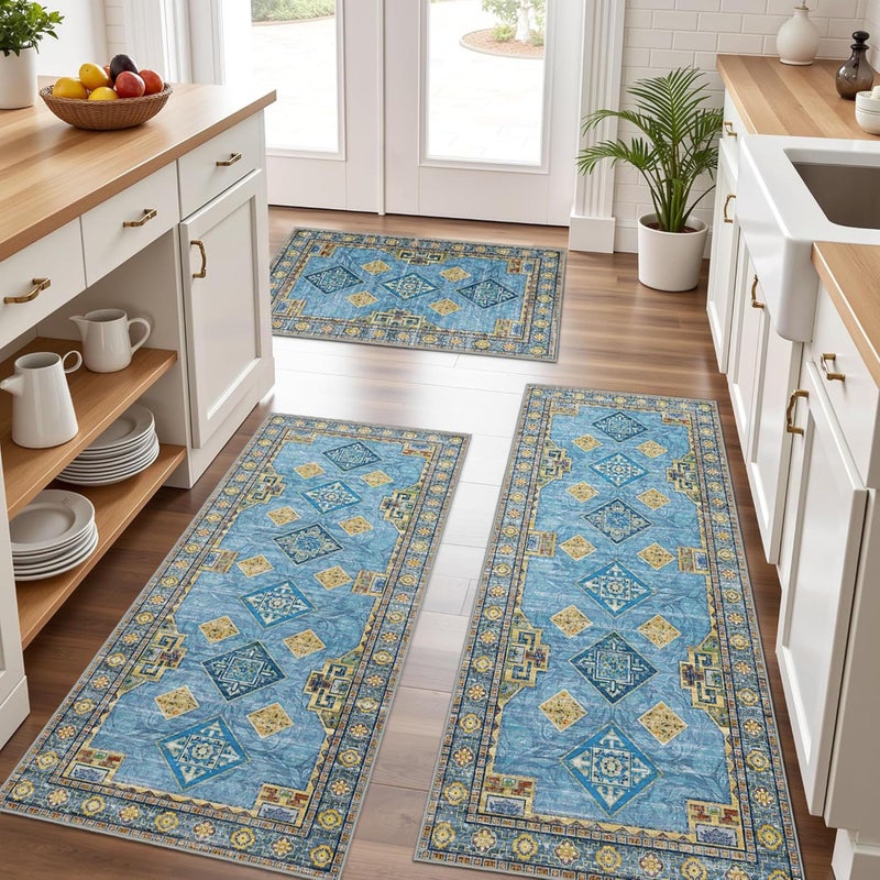 Tritard 100 Non Slip Kitchen Rugs Sets of 3 Washable Boho Kitchen Mats for Floor Vintage Farmhouse Kitchen Rug Soft Runner Rug for Hallway Laundry Room Indoor Entryway Light Blue - Image 2