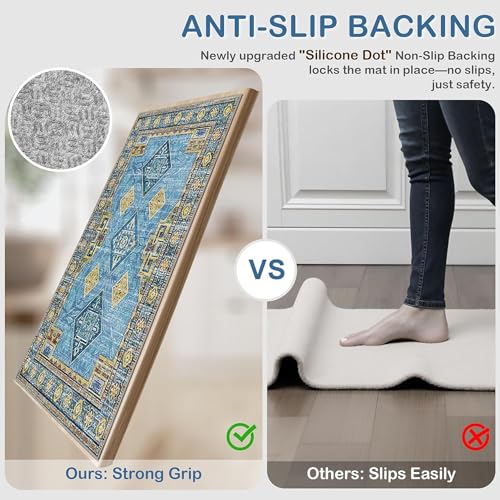 Tritard 100 Non Slip Kitchen Rugs Sets of 3 Washable Boho Kitchen Mats for Floor Vintage Farmhouse Kitchen Rug Soft Runner Rug for Hallway Laundry Room Indoor Entryway Light Blue - Image 3