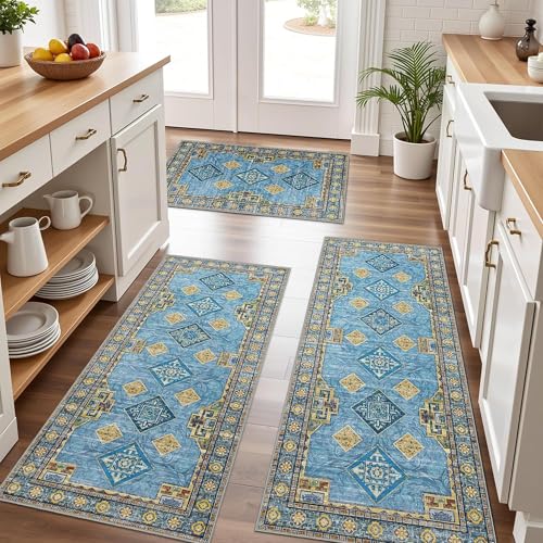 Tritard 100 Non Slip Kitchen Rugs Sets of 3 Washable Boho Kitchen Mats for Floor Vintage Farmhouse Kitchen Rug Soft Runner Rug for Hallway Laundry Room Indoor Entryway Light Blue - Image 1