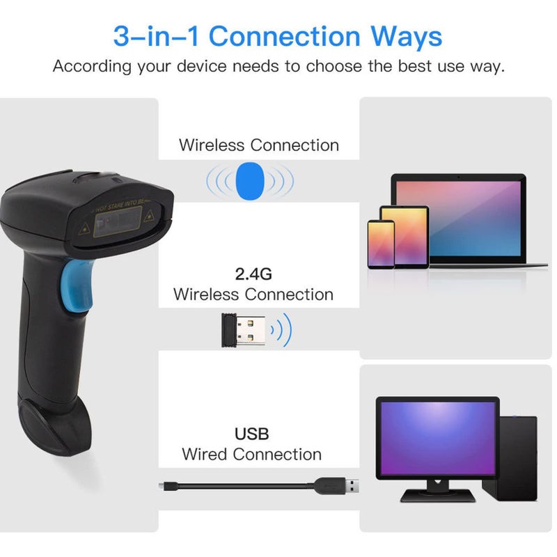 2D QR Code Scanner 2.4G Wireless Bluetooth Wired Auto and Manual Sensing Modes for Windows Android Linux OS X Smartphones Tablets PDAs Black - Image 3