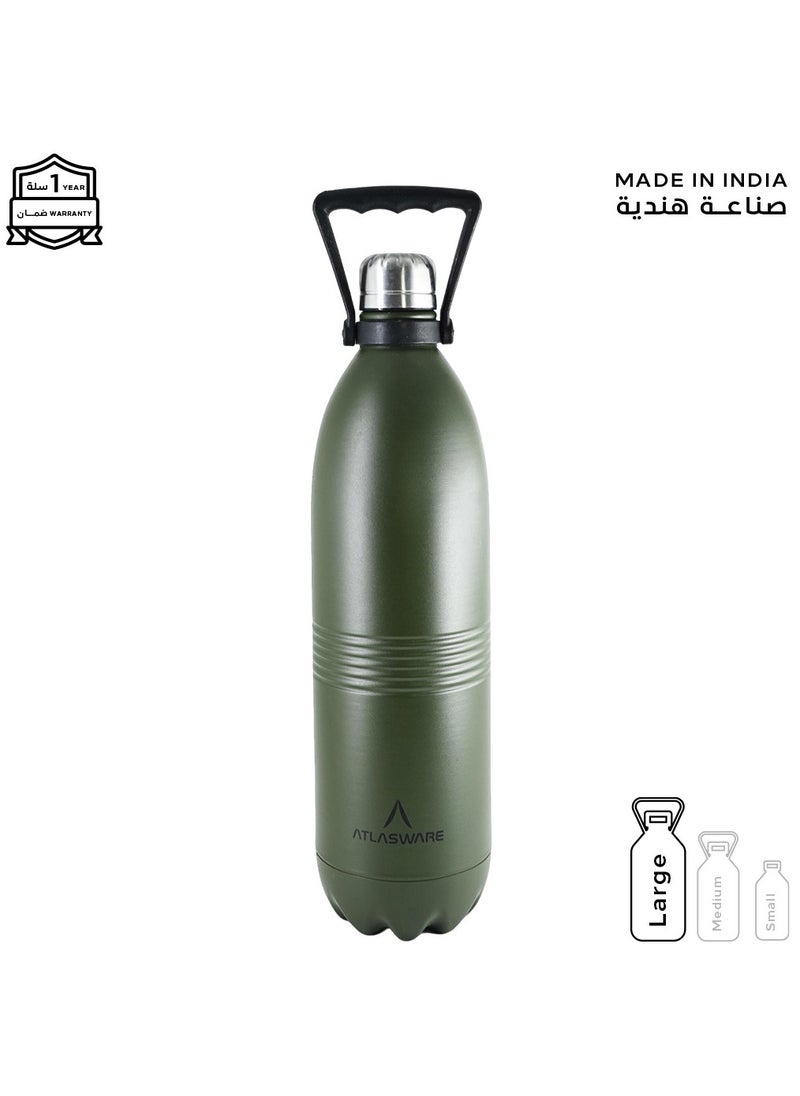 Atlasware - Water Bottle with a Capacity of 2000 ml, Stainless Steel Water Bottle that keeps Cold for 130 Hours and Keeps Heat for 52 Hours, Army Green - Image 1
