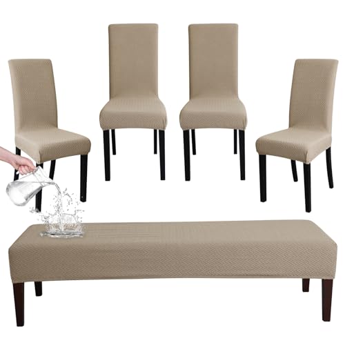 FORCHEER Dining Chair Covers and Bench Covers Set Waterproof Jacquard Camel 4 Dining Room Chair and Bench Slipcover Washable-Light Brown - Image 1