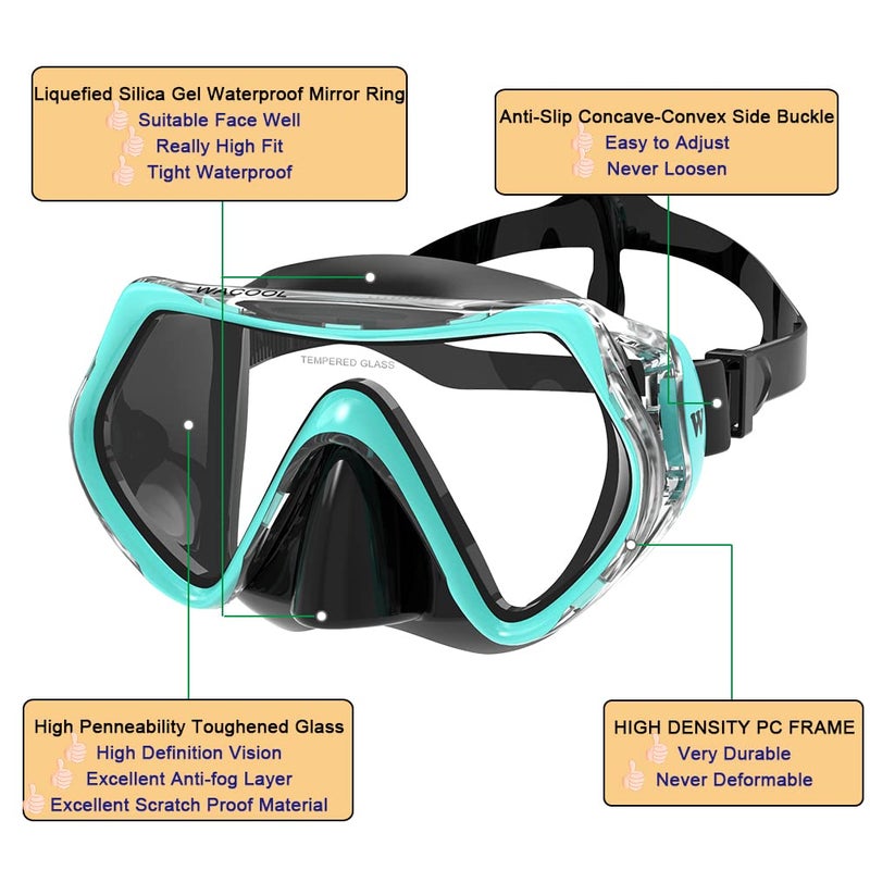 WACOOL Professional Snorkeling Snorkel Diving Scuba Package Set with Anti-Fog Coated Glass Purge Valve and Anti-Splash Silicon Mouth Piece for Men Women (Kids,Malachite Green) - Image 5