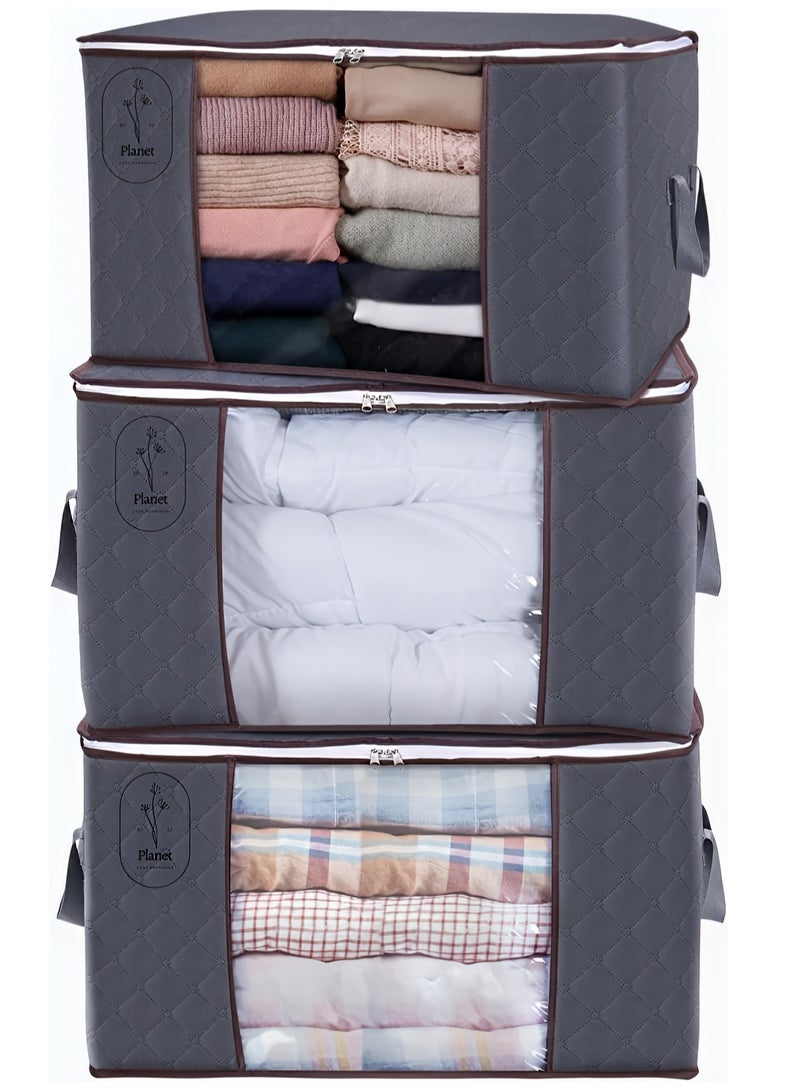 20 20 Planet CARE EVERYDAY Large Storage Bags, Clothes Storage Bins Foldable Closet Organizers Storage Containers with Durable Handles Thick Fabric for Blanket Comforter Clothing Bedding 60×43×35 cm (Pack of 3)  - Image 1