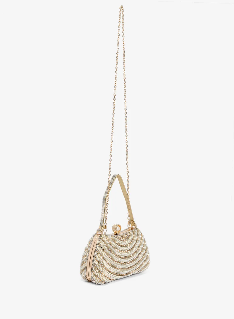 Khizana Gold Embellished Pearl Detailed Top Handle Clutch