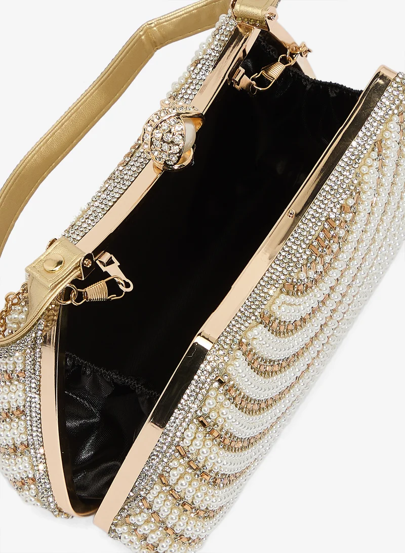 Khizana  Gold Embellished Pearl Detailed Top Handle Clutch for Women | Best Price UAE