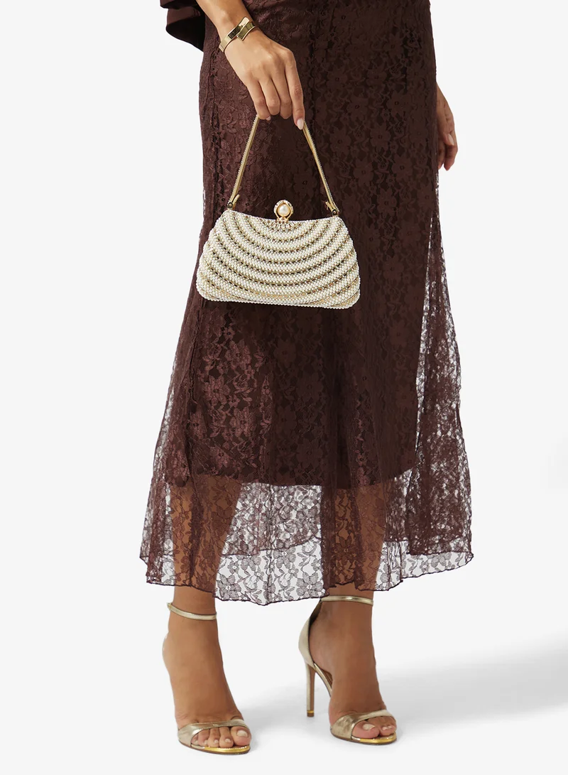 Khizana  Gold Embellished Pearl Detailed Top Handle Clutch for Women | Best Price UAE