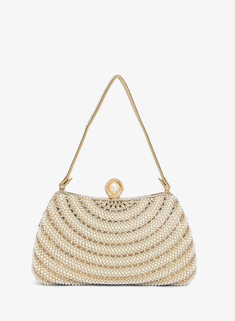 Khizana Gold Embellished Pearl Detailed Top Handle Clutch