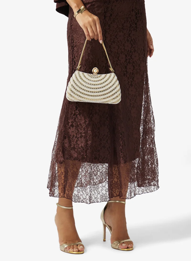 Gold Embellished Pearl Detailed Top Handle Clutch