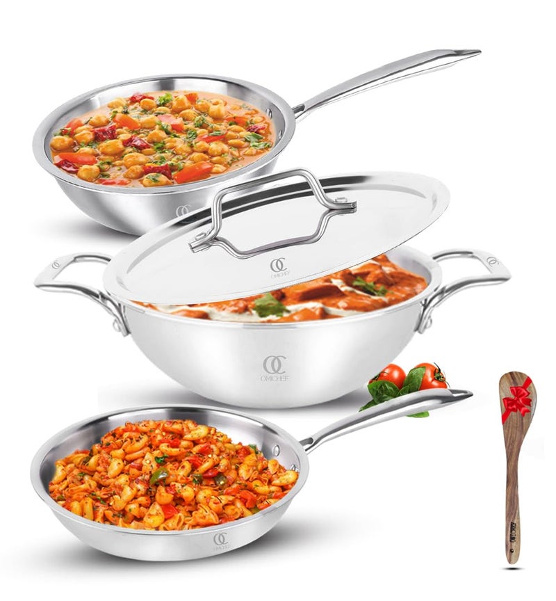 Omichef مجموعة أوماشيف بريماكس (22 سم) من أواني الطهي المصنوعة من الفولاذ المقاوم للصدأ ثلاثي الطبقات - كادهاي، مقلاة، ووك وغطاء | متوافقة مع الطهي بالحث | تقنية طبقات ثلاثية من SAS | مقابض تبقى باردة (مجموعة من 4 قطع TPKFW، مع غطاء 22 سم) - Image 1