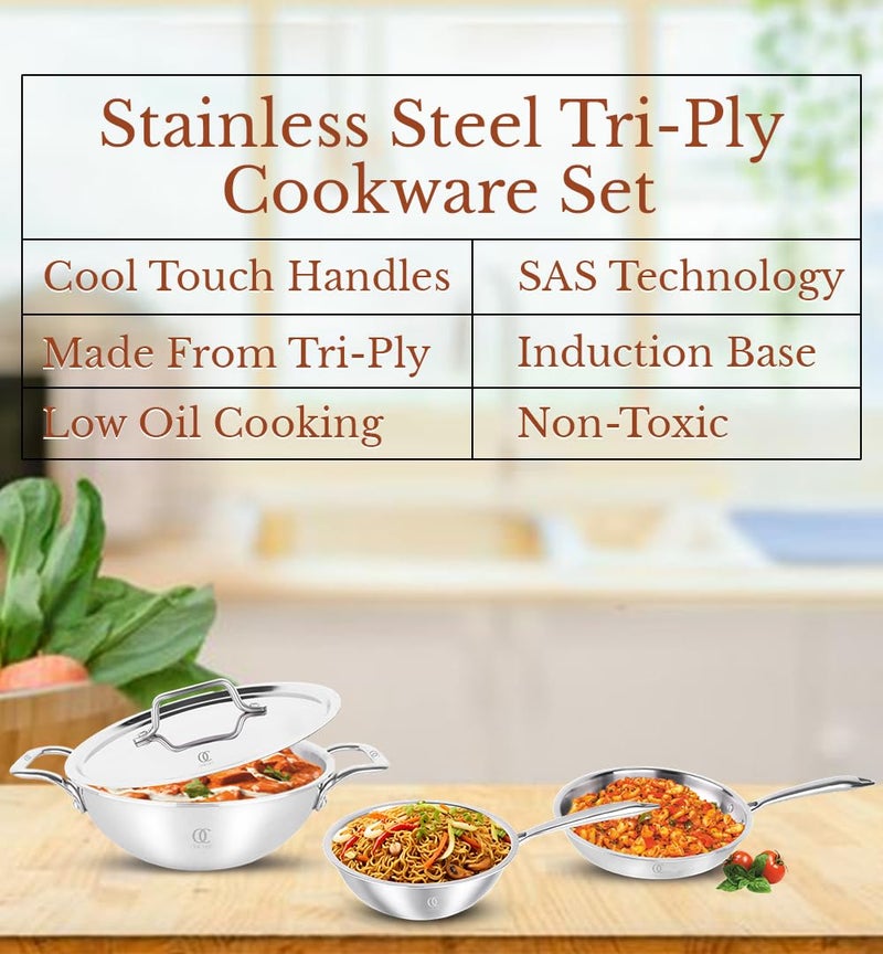 Omichef مجموعة أوماشيف بريماكس (22 سم) من أواني الطهي المصنوعة من الفولاذ المقاوم للصدأ ثلاثي الطبقات - كادهاي، مقلاة، ووك وغطاء | متوافقة مع الطهي بالحث | تقنية طبقات ثلاثية من SAS | مقابض تبقى باردة (مجموعة من 4 قطع TPKFW، مع غطاء 22 سم) - Image 5