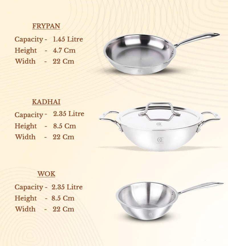 Omichef مجموعة أوماشيف بريماكس (22 سم) من أواني الطهي المصنوعة من الفولاذ المقاوم للصدأ ثلاثي الطبقات - كادهاي، مقلاة، ووك وغطاء | متوافقة مع الطهي بالحث | تقنية طبقات ثلاثية من SAS | مقابض تبقى باردة (مجموعة من 4 قطع TPKFW، مع غطاء 22 سم) - Image 3