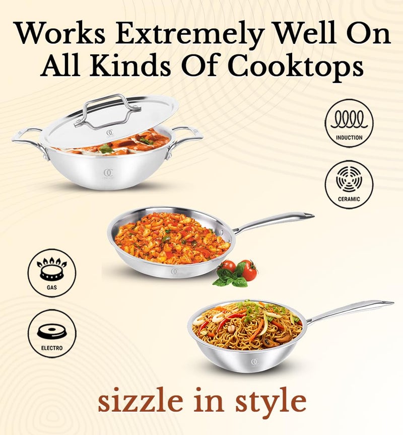 Omichef مجموعة أوماشيف بريماكس (22 سم) من أواني الطهي المصنوعة من الفولاذ المقاوم للصدأ ثلاثي الطبقات - كادهاي، مقلاة، ووك وغطاء | متوافقة مع الطهي بالحث | تقنية طبقات ثلاثية من SAS | مقابض تبقى باردة (مجموعة من 4 قطع TPKFW، مع غطاء 22 سم) - Image 4