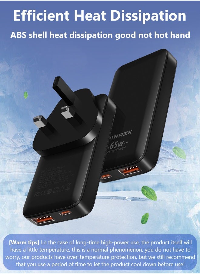 PINREK - 65W Type C Charger,GaN Super Fast Slim Design,Wall Adapter with QC USB A and PD Type C Port/Replaceable UK Plug,Portable Smaller Size Travel Laptop Charger Compatible for Macbook Air iPhone iPad Galaxy Huawei Xiaomi Vivo and More - 100W Fast Charging Cable - Image 1