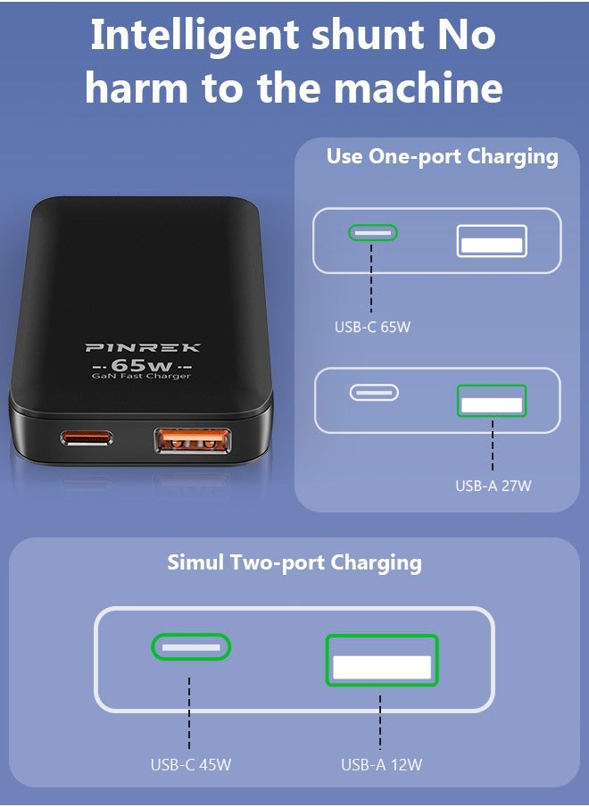 PINREK - 65W Type C Charger,GaN Super Fast Slim Design,Wall Adapter with QC USB A and PD Type C Port/Replaceable UK Plug,Portable Smaller Size Travel Laptop Charger Compatible for Macbook Air iPhone iPad Galaxy Huawei Xiaomi Vivo and More - 100W Fast Charging Cable - Image 1