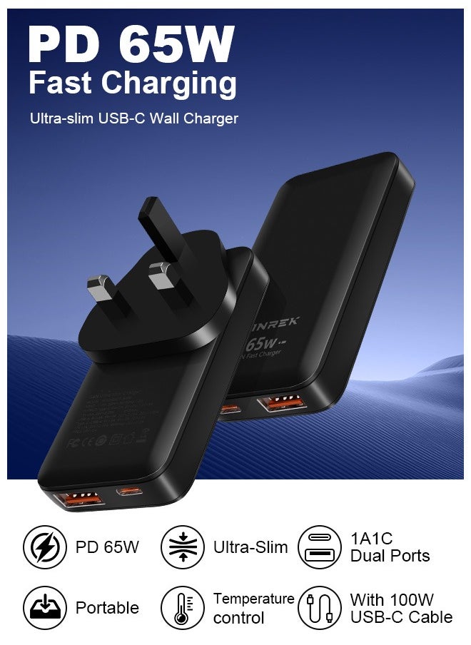 PINREK - 65W Type C Charger,GaN Super Fast Slim Design,Wall Adapter with QC USB A and PD Type C Port/Replaceable UK Plug,Portable Smaller Size Travel Laptop Charger Compatible for Macbook Air iPhone iPad Galaxy Huawei Xiaomi Vivo and More - 100W Fast Charging Cable - Image 1