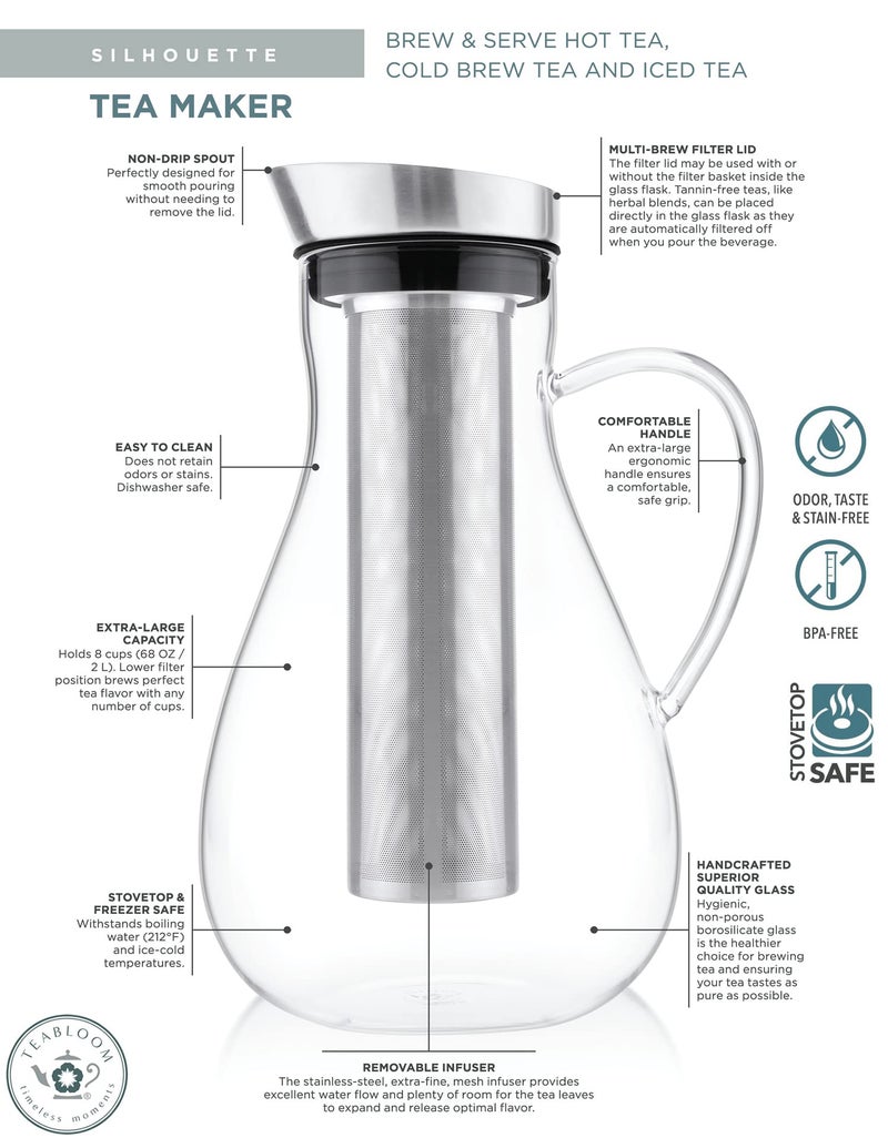 Teabloom Large Multi-Brew Glass Teapot + Kettle + Pitcher (68 OZ / 2.0 L / 8 CUPS) â€“ Brew and Serve Hot Tea, Iced Tea, Cold Brew Tea and Fruit Infused Water â€“ Silhouette Tea Maker - Image 2