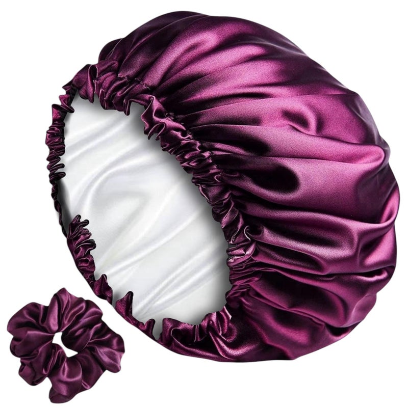 RIXTEC Luxury Satin Silk Hair Bonnet Cap for Sleeping with Satin Scrunchie | For Women & Girls | For Curly & All Hair Types - Wine - Image 1