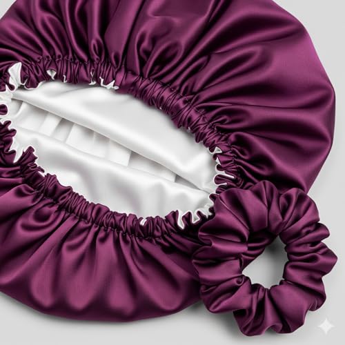 RIXTEC Luxury Satin Silk Hair Bonnet Cap for Sleeping with Satin Scrunchie | For Women & Girls | For Curly & All Hair Types - Wine - Image 4