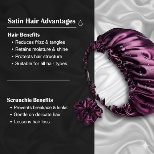 RIXTEC Luxury Satin Silk Hair Bonnet Cap for Sleeping with Satin Scrunchie | For Women & Girls | For Curly & All Hair Types - Wine - Image 2