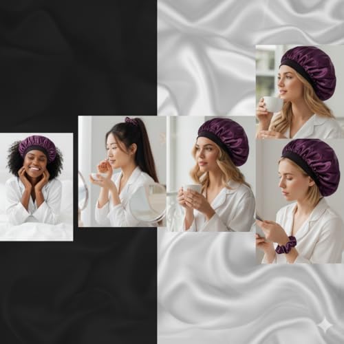 RIXTEC Luxury Satin Silk Hair Bonnet Cap for Sleeping with Satin Scrunchie | For Women & Girls | For Curly & All Hair Types - Wine - Image 3