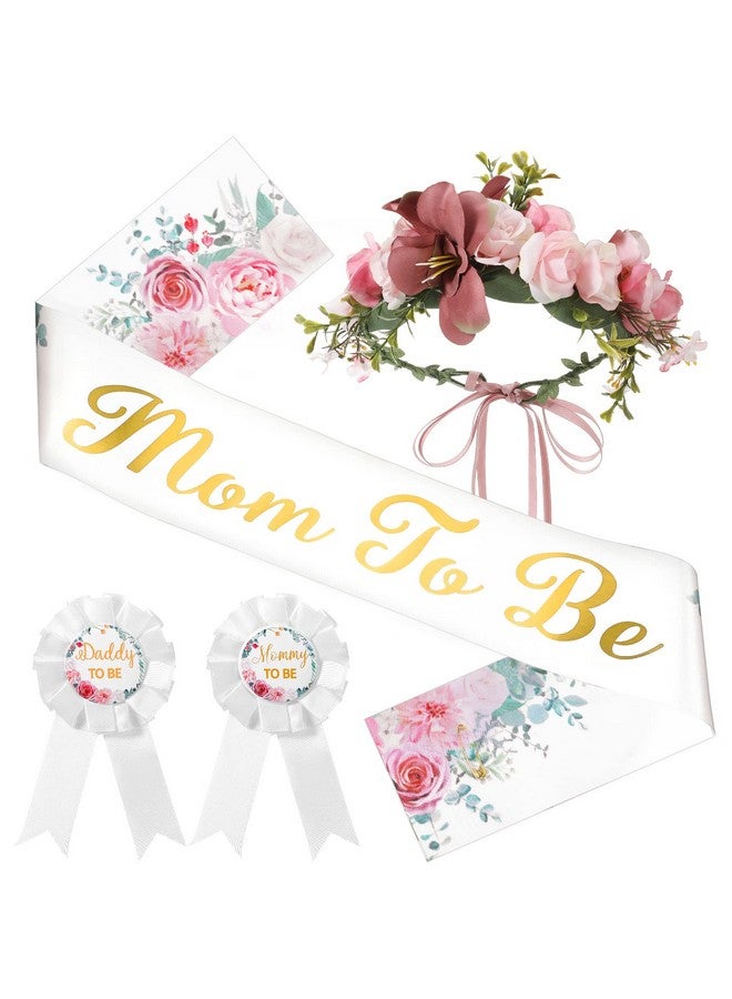 Mtlee 4 Pieces Eucalyptus Leaves Mom To Be Sash Neutral Sage Green Crown Kit Include Gold Glitter Letters Sash Mom To Be & Dad To Be Corsage And Headband Keepsake Decoration (Flower Style) - Image 1