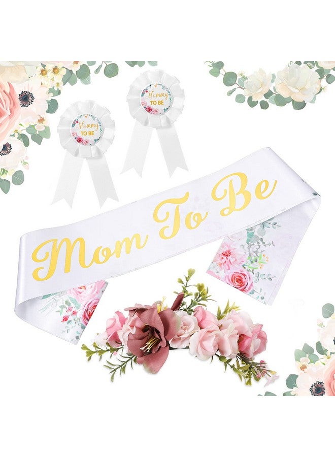 Mtlee 4 Pieces Eucalyptus Leaves Mom To Be Sash Neutral Sage Green Crown Kit Include Gold Glitter Letters Sash Mom To Be & Dad To Be Corsage And Headband Keepsake Decoration (Flower Style) - Image 5