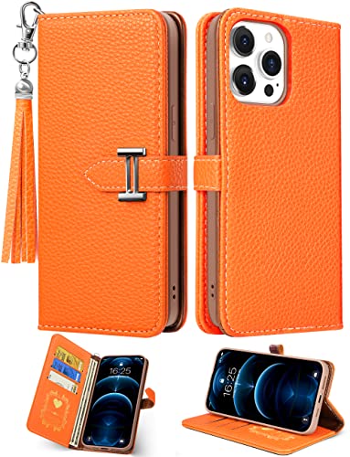 Funermei for iPhone 14 Pro Max Case Wallet for Women Leather Folio Designer Luxury Phone Cases with Credit Card Holder Stand Flip Cute Orange Cover Elegant Pretty with Tassel for Apple 14 Promax 6.7" - Image 1