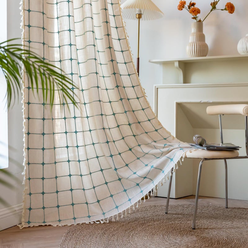 Deeprove Boho Curtains 84 Inches Long for Bedroom, Cotton Linen Plaids Turquoise Embroidery Semi Blackout Bohemian Farmhouse Window Treatment Grids Drape Tassels, 1 Panel W52 x L84 Beige - Image 1