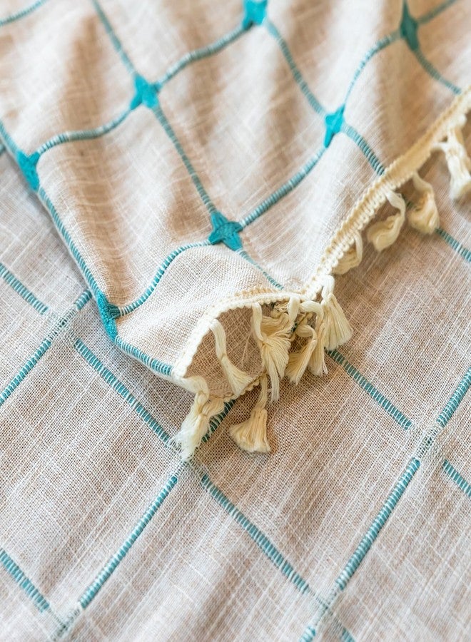 Deeprove Boho Curtains 84 Inches Long for Bedroom, Cotton Linen Plaids Turquoise Embroidery Semi Blackout Bohemian Farmhouse Window Treatment Grids Drape Tassels, 1 Panel W52 x L84 Beige - Image 4