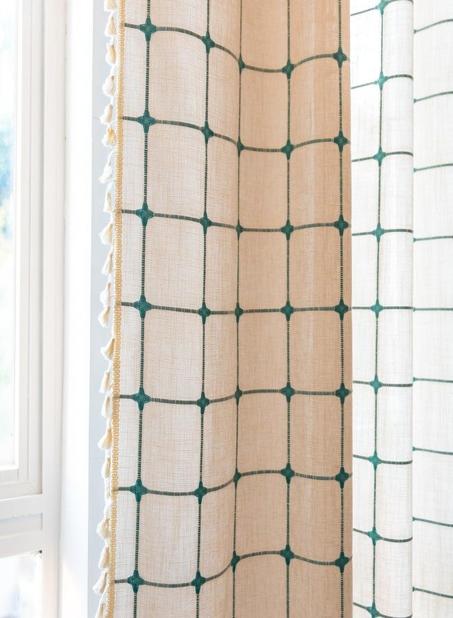 Deeprove Boho Curtains 84 Inches Long for Bedroom, Cotton Linen Plaids Turquoise Embroidery Semi Blackout Bohemian Farmhouse Window Treatment Grids Drape Tassels, 1 Panel W52 x L84 Beige - Image 2