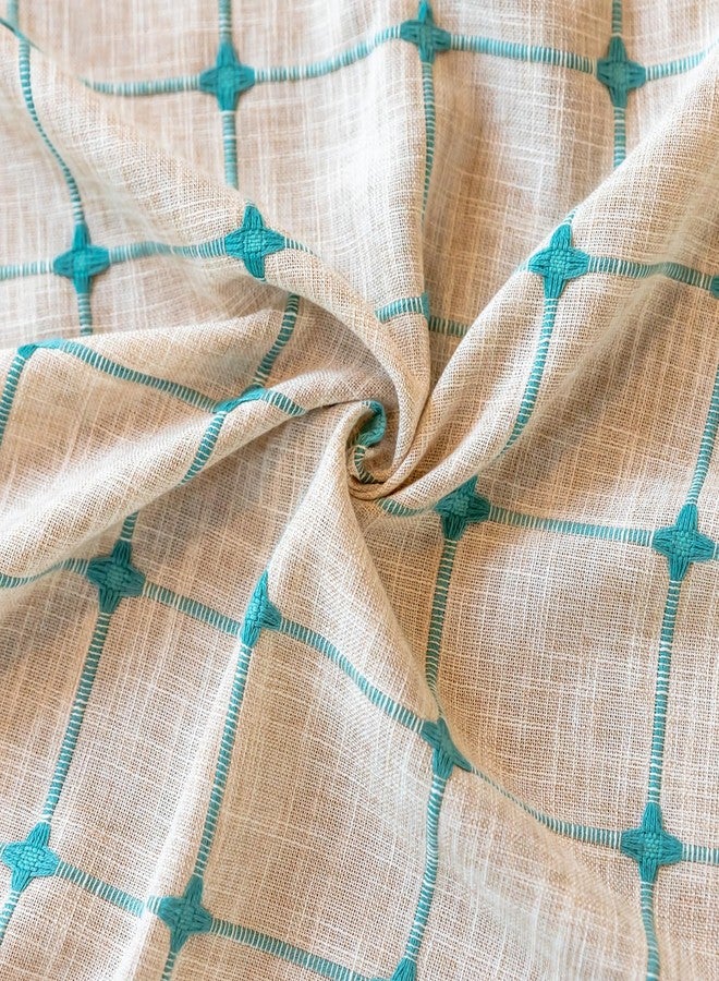 Deeprove Boho Curtains 84 Inches Long for Bedroom, Cotton Linen Plaids Turquoise Embroidery Semi Blackout Bohemian Farmhouse Window Treatment Grids Drape Tassels, 1 Panel W52 x L84 Beige - Image 3