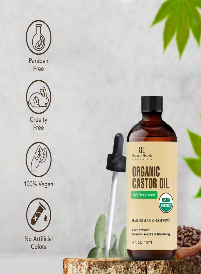Botanic Hearth زيت الخروع من بوتانيك هيرث (زيت تصفيف، زجاجة 4 أونصات سائلة) | معتمد من وزارة الزراعة الأمريكية كعضوي | 100% نقي وخالي من الهكسان | معصور على البارد | يعزز نمو الرموش والحواجب والشعر | يتضمن مجموعة فرشاة - Image 3