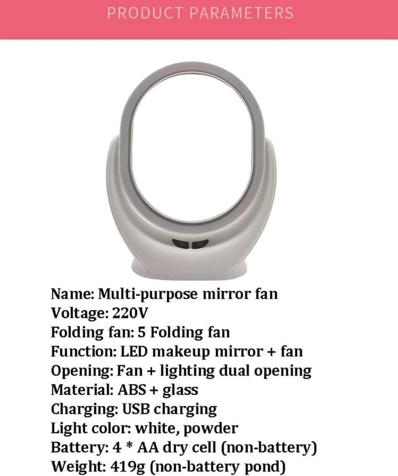 SONIQE SONIQE USB Desktop FanMini Table Fan With Led Vanity MirrorDormitory Household beauty Mirror With FanMultiFunction Mirror Fan5Blades FanDouble Button ControlLow Noise 360 Rotatable Oval  - Image 3
