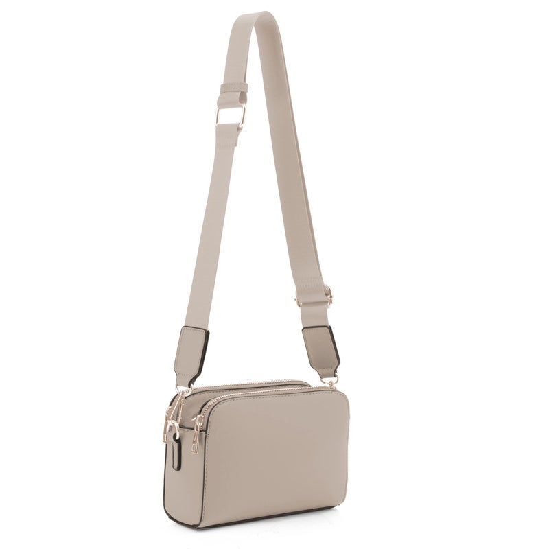 EVVE Triple Zip Small Crossbody Camera Bag with Wide Guitar Strap | Taupe - Image 1