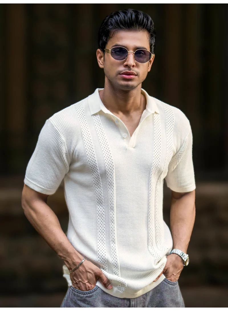 Maniac Maniac Mens Textured Polo Neck Half Sleeve Half White Slim Fit T-Shirt